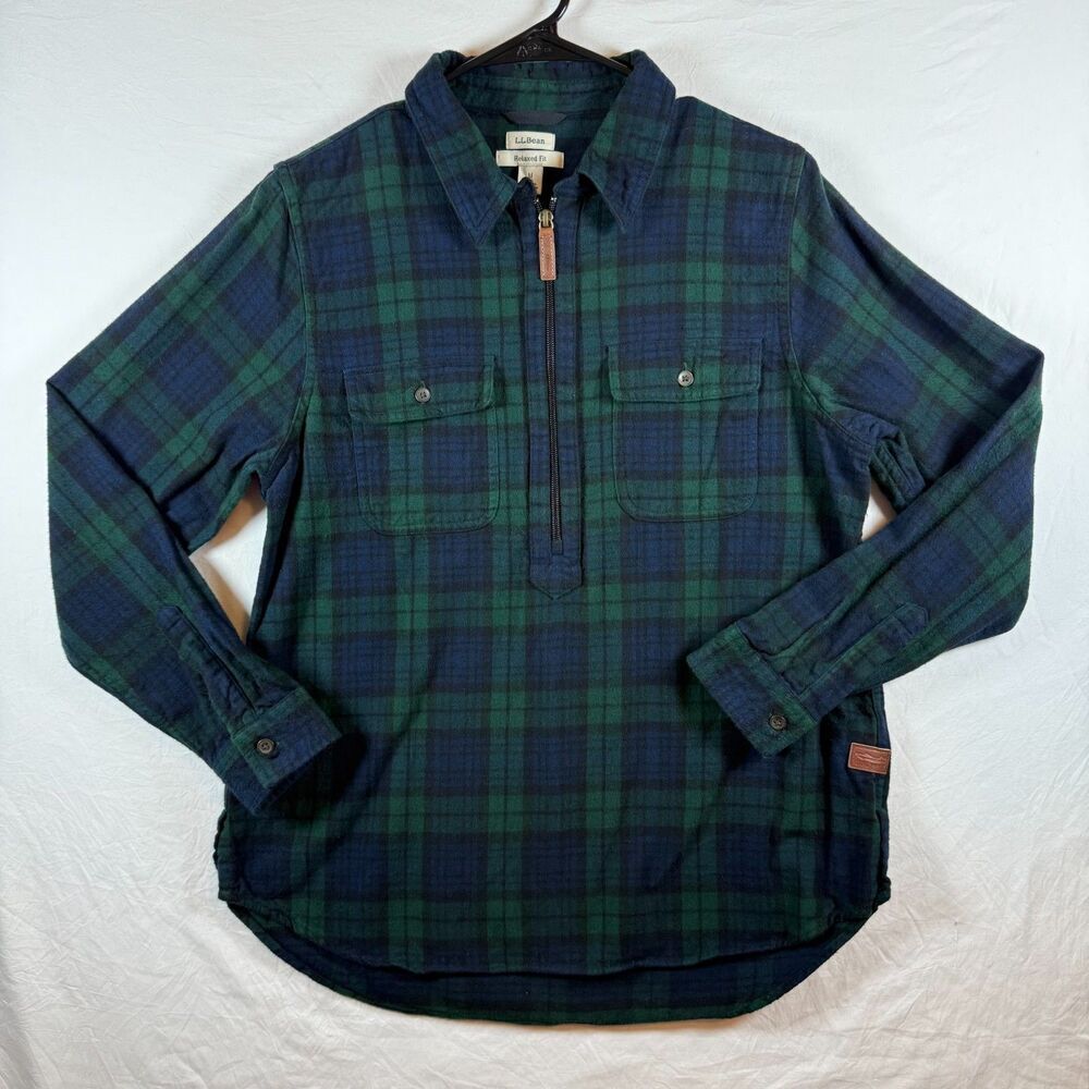 L.L.Bean Black Watch Plaid Flannel Half Zip Popover M